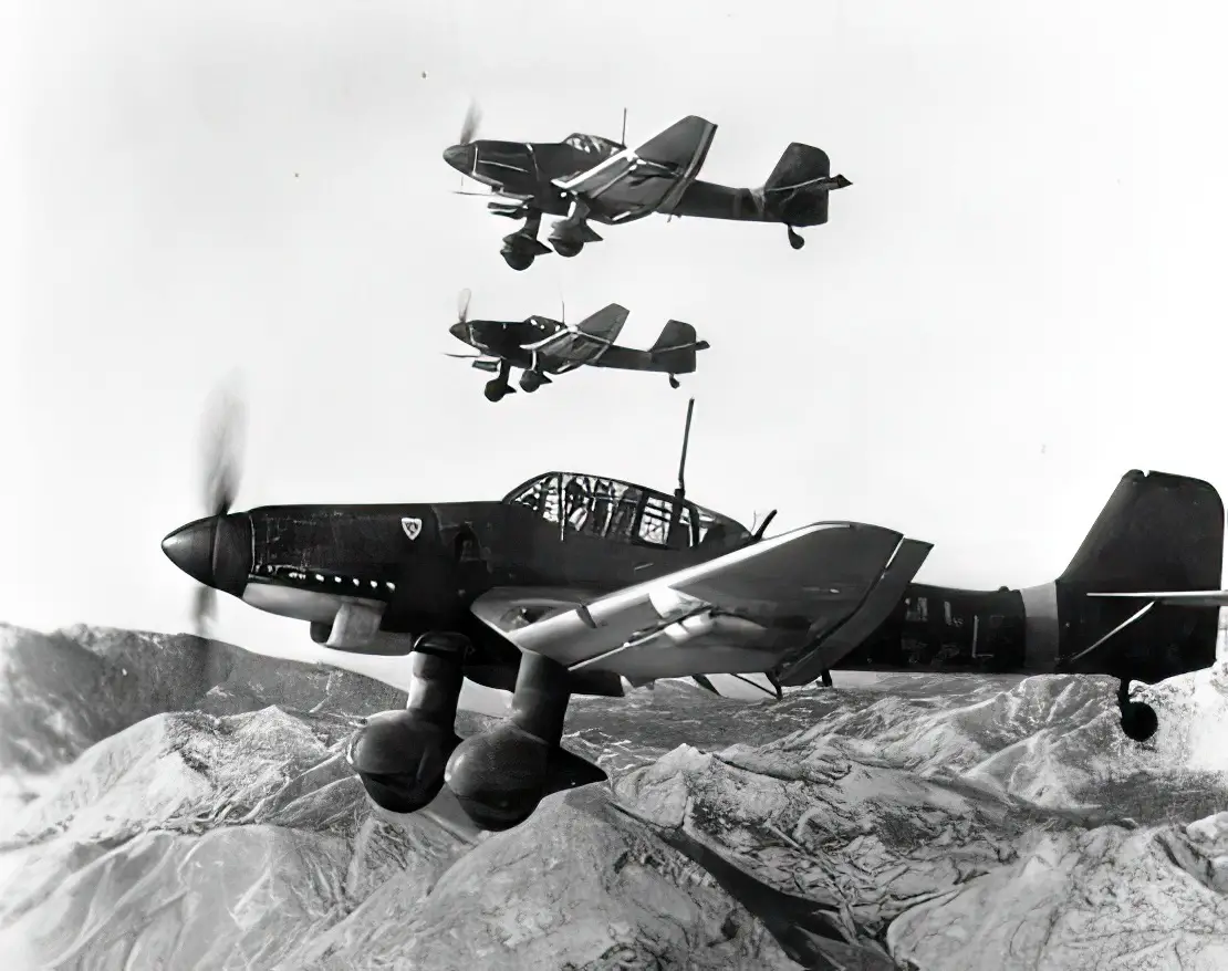 Three German Junkers Ju 87D dive bombers, Stuka, over Yugoslavia, in October 1943