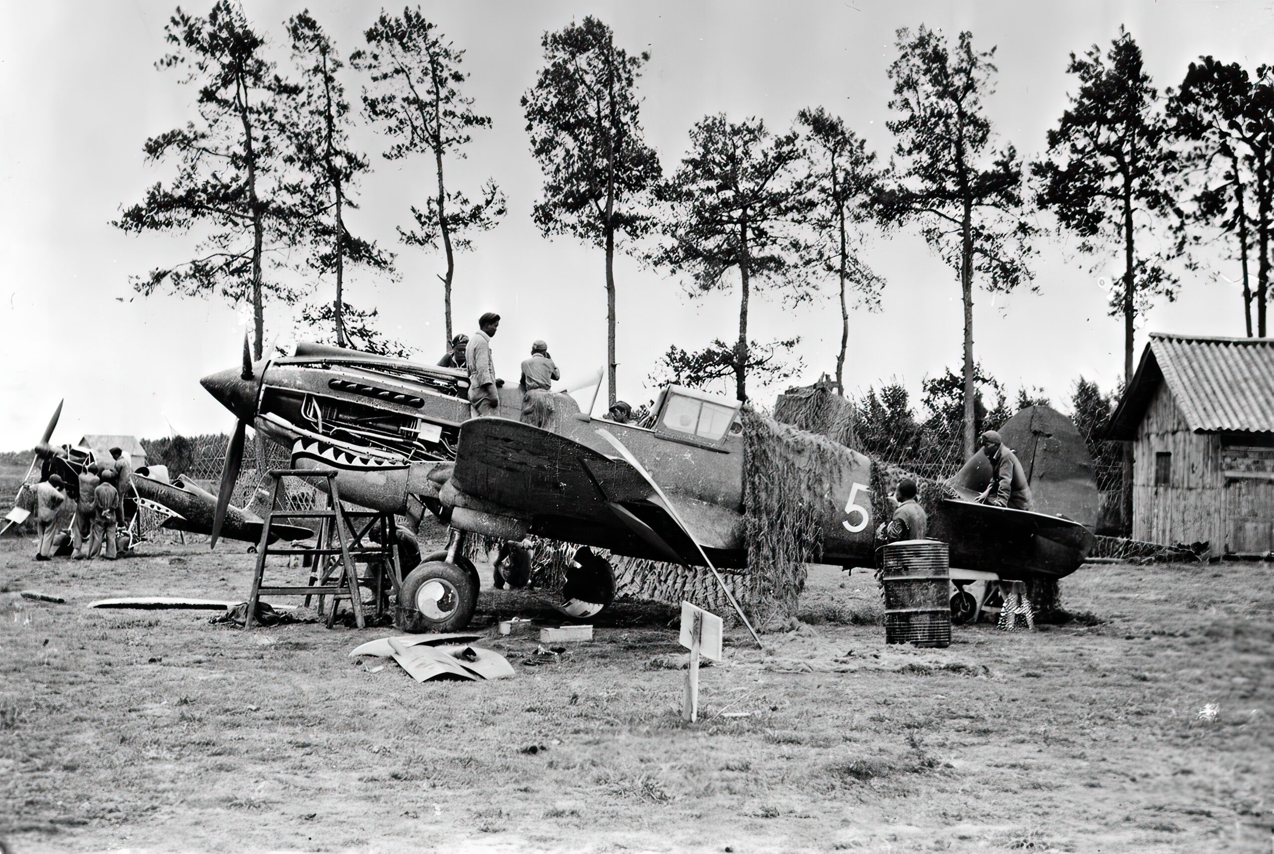 Maintenance on a Curtiss P-40 of the American Volunteer Group ("Flying Tigers") at Kunming, China, circa 1941