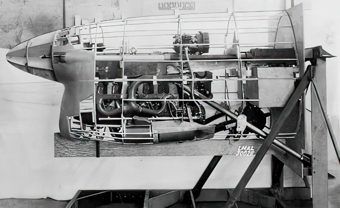 Mockup of the Bell XP-77 fighter aircraft showing how the Ranger V-770 engine was installed in the airframe