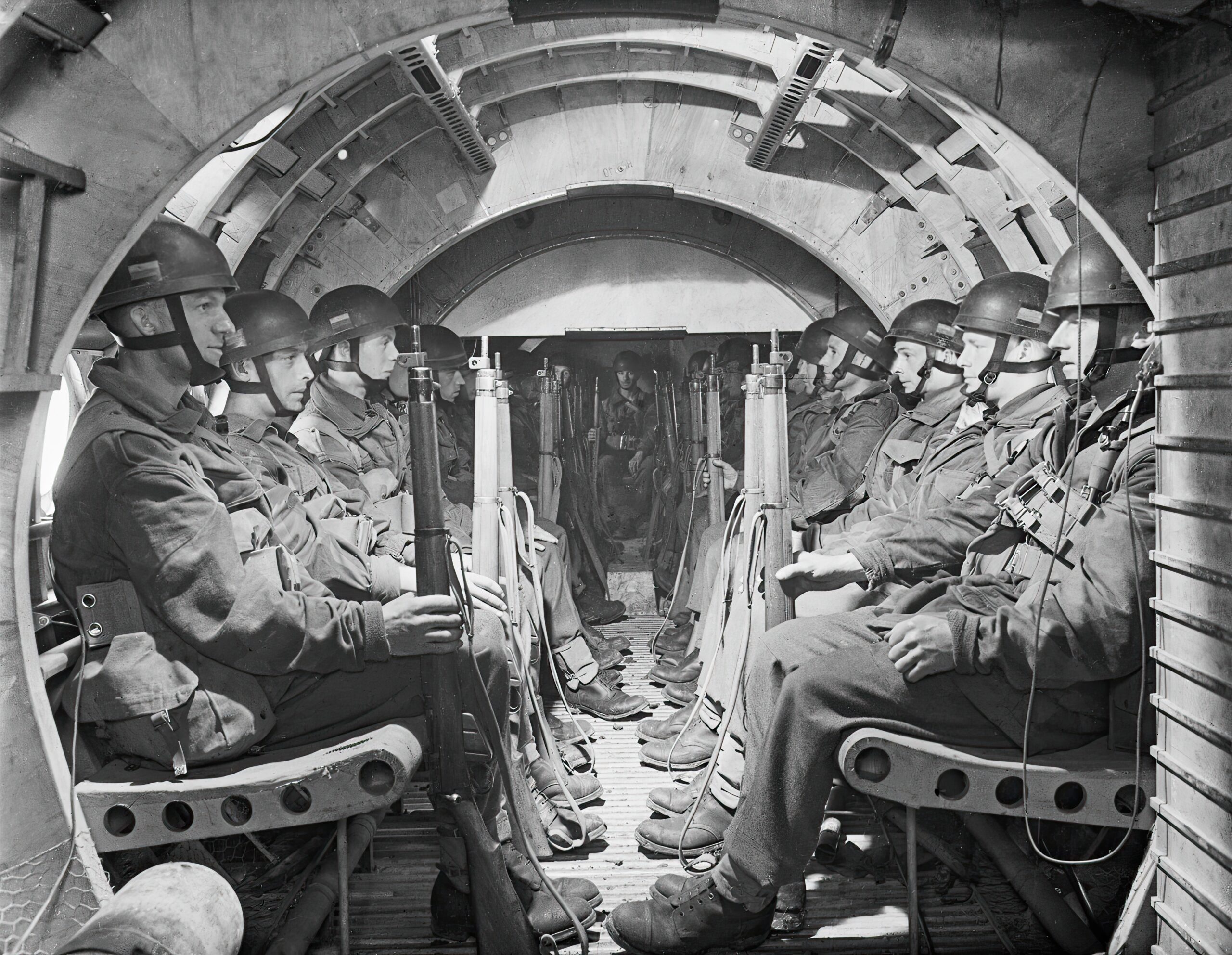 Airborne troops seated in an Airspeed Horsa of the Heavy Glider Conversion Unit at Brize Norton, Oxfordshire, ready for take off