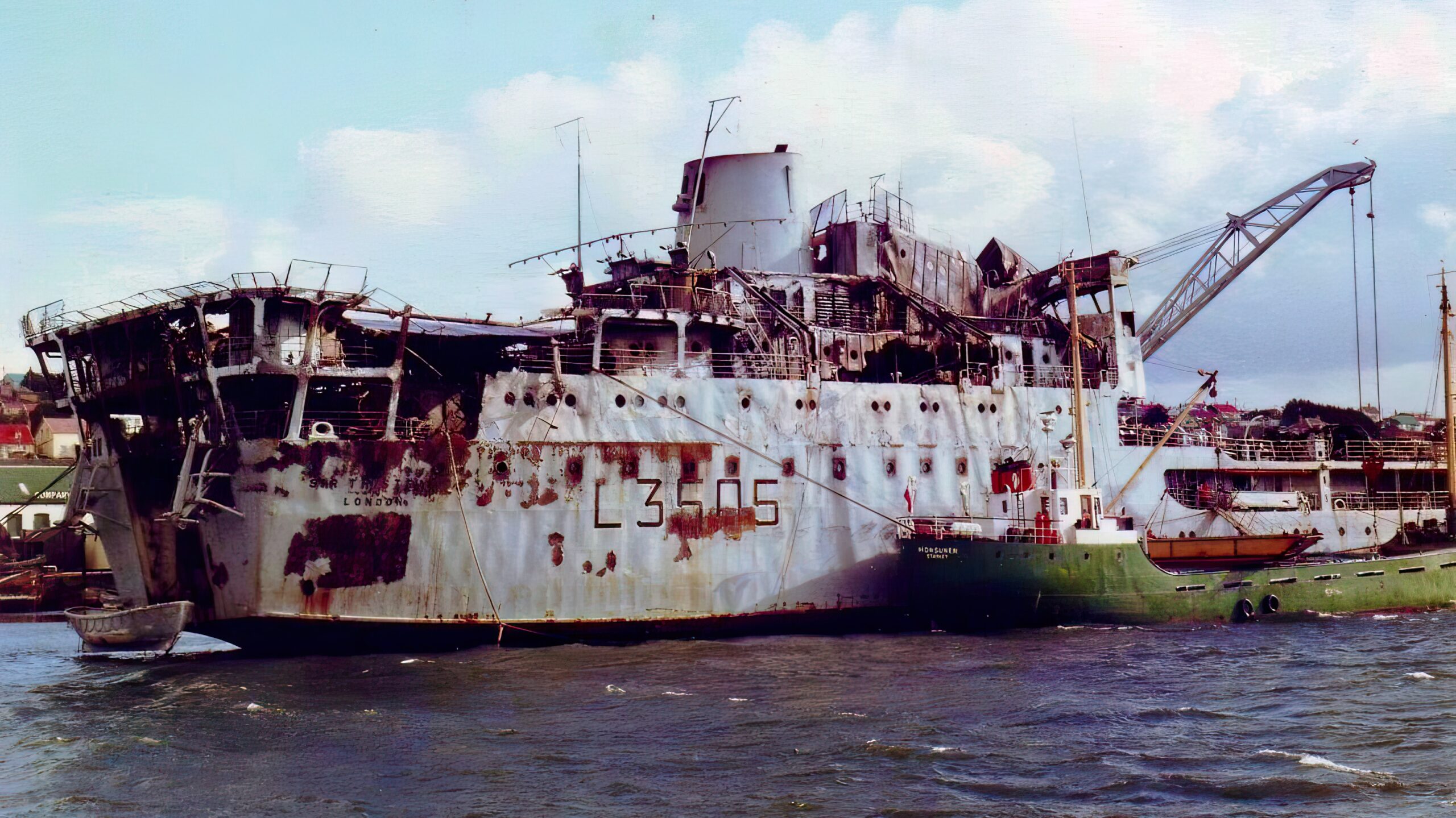 War damaged RFA Sir Tristram 1983