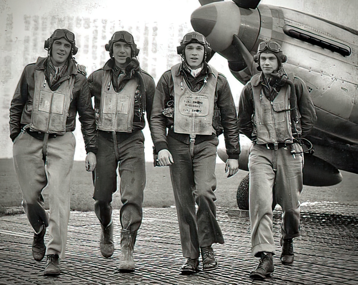 The top scoring fighter aces of the 357th Fighter Group. L-R; Richard Peterson, Leonard Carson, John England, and Clarence Anderson
