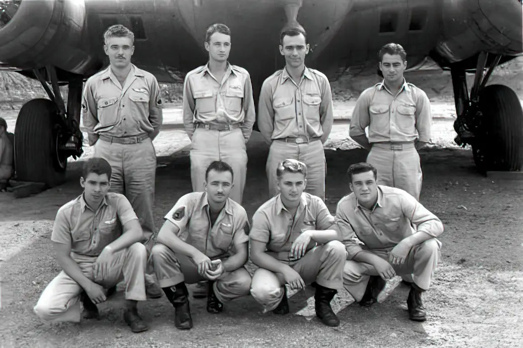 The original “Eager Beaver” crew. Front Row from left: Sgt. William Vaughan, Sgt. George Kendrick, Sgt. Johnnie Able, Sgt. Herbert Pugh. Back row from left: Bud Thues, Capt. Jay Zeamer, Hank Dyminski, 2nd Lt. Joe Sarnoski. Just prior to the June 16, 1943, mission, Tech. Sgt. Forrest Dillman was added to the crew, and Lt. John Britton and Lt. Ruby Johnston replaced Dyminski and Thues, who had contracted malaria. Photo courtesy National Archives